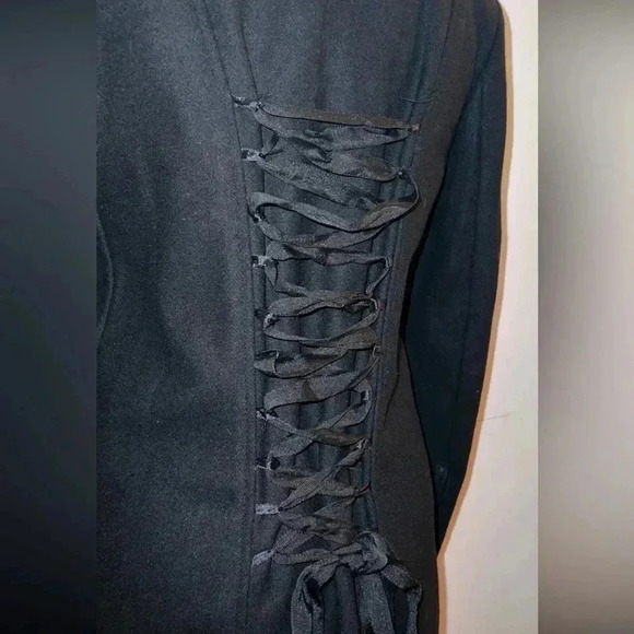 Hot Topic Goth Asymmetric Zip Wool Trench Coat Corset Lace Up Back LG - Picture 3 of 7
